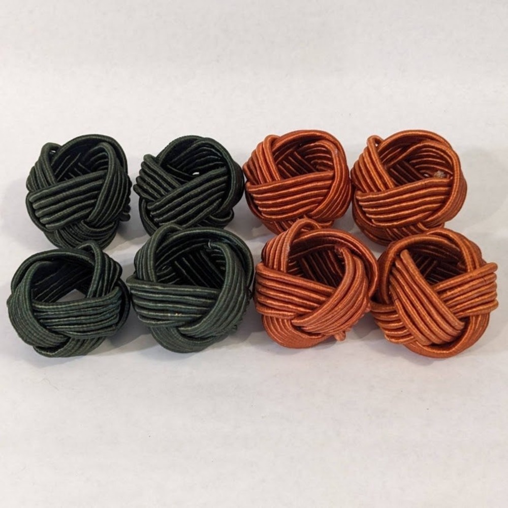 8pc Williams Sonoma Woven Knot Napkin Rings Green Orange Satin Cord Turk's Head